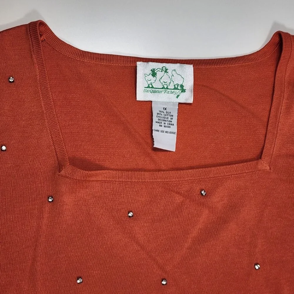 The Quacker Factory 1X Silk Cotton Orange Studded Sweater Top Square Neck Short